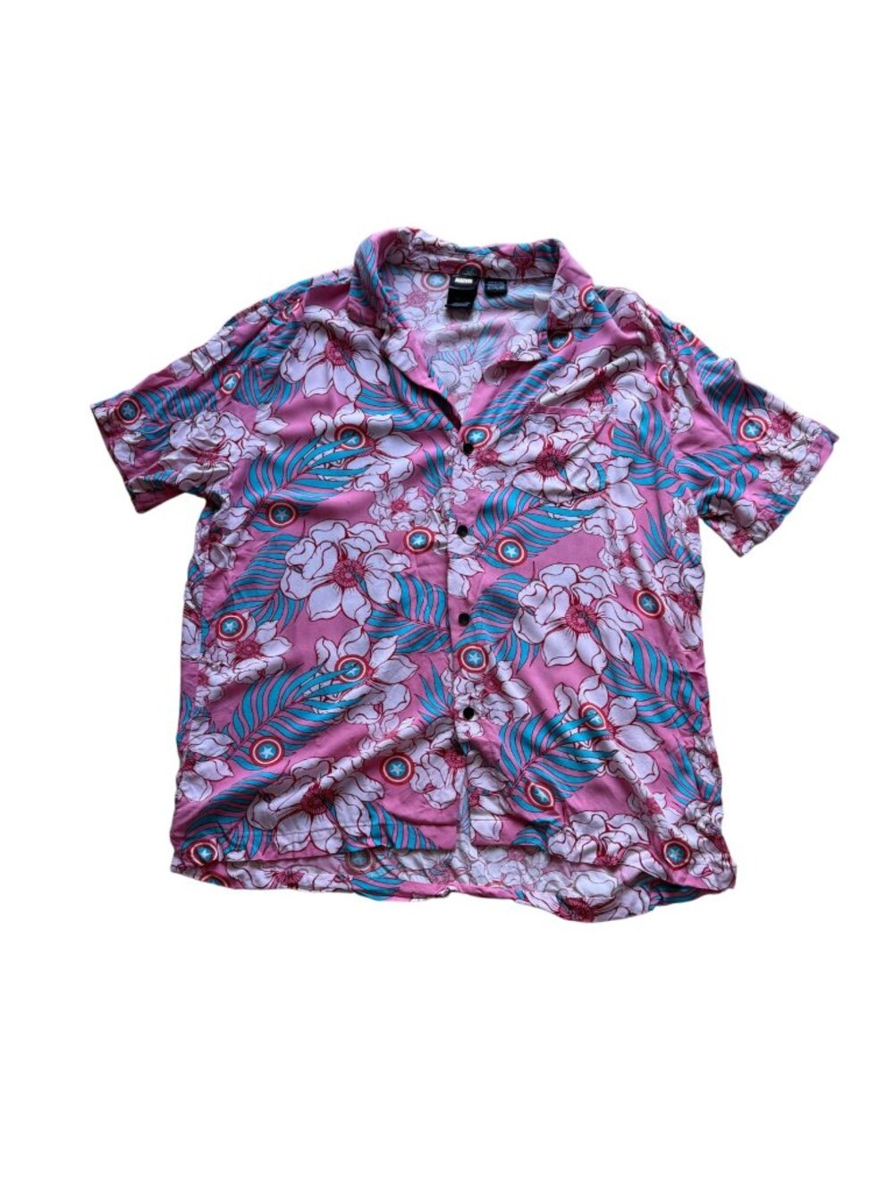 Marvel Men's Hawaiian Shirt XL Pink Captain America Floral Rayon Button Front